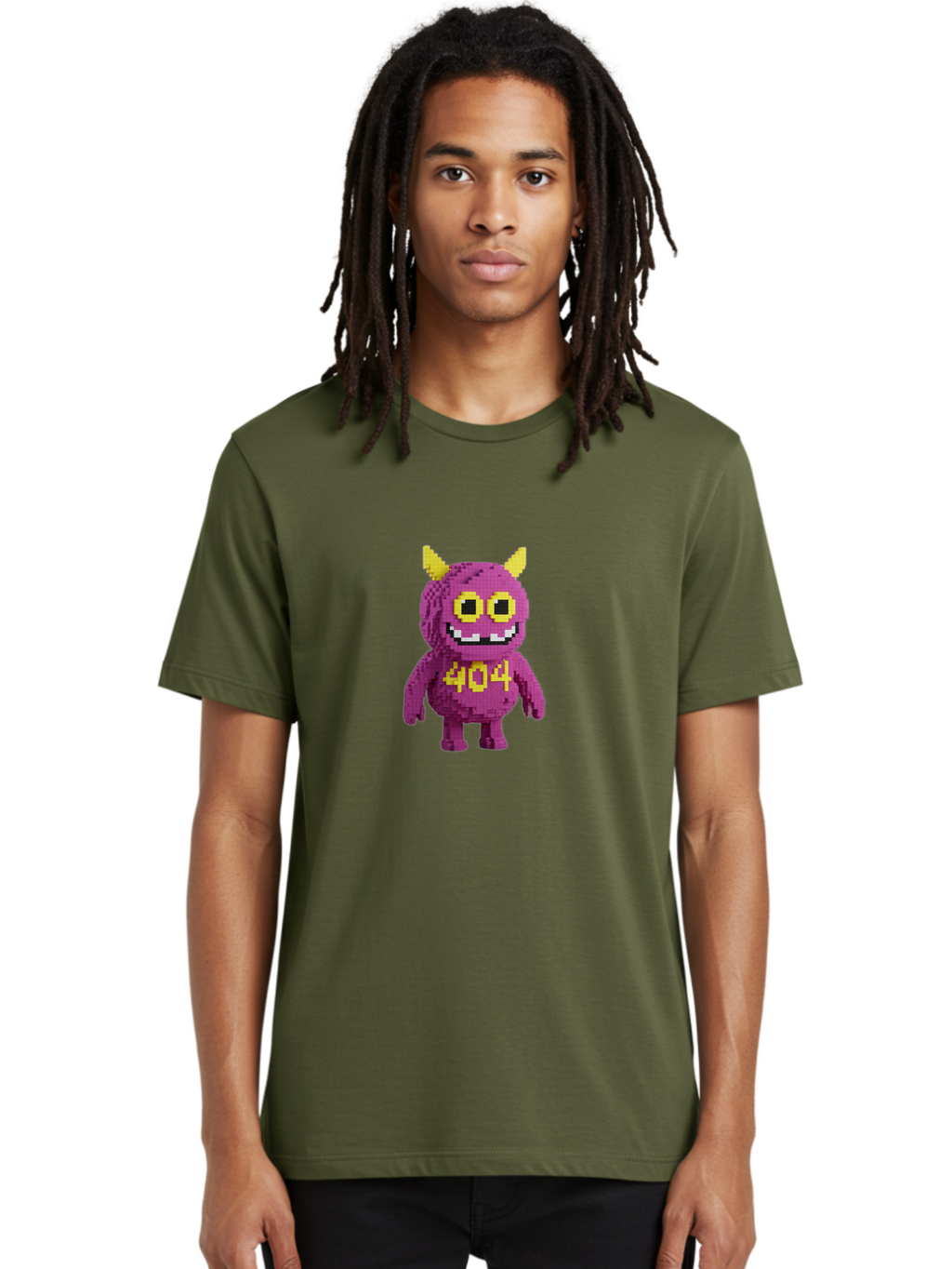 404-Monster-4 Men'S Graphic Tee, 100% Cotton, Comfortable Casual Summer Wear, Machine Washable, Pixel Art Monster, Purple Creature, Yellow Horns, 404 Error, Cartoon Character, Funny Design, Web Error Icon, Cute Pixel Monster, Digital Art, Baa101