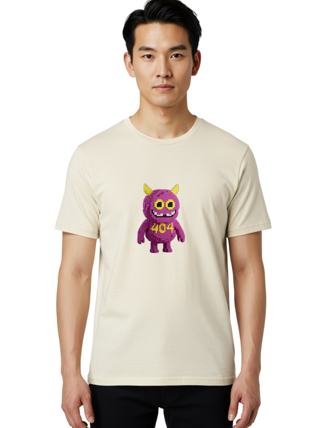 404-Monster-4 Men'S Graphic Tee, 100% Cotton, Comfortable Casual Summer Wear, Machine Washable, Pixel Art Monster, Purple Creature, Yellow Horns, 404 Error, Cartoon Character, Funny Design, Web Error Icon, Cute Pixel Monster, Digital Art, Baa101