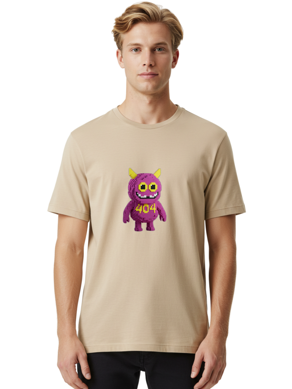 404-Monster-4 Men'S Graphic Tee, 100% Cotton, Comfortable Casual Summer Wear, Machine Washable, Pixel Art Monster, Purple Creature, Yellow Horns, 404 Error, Cartoon Character, Funny Design, Web Error Icon, Cute Pixel Monster, Digital Art, Baa101