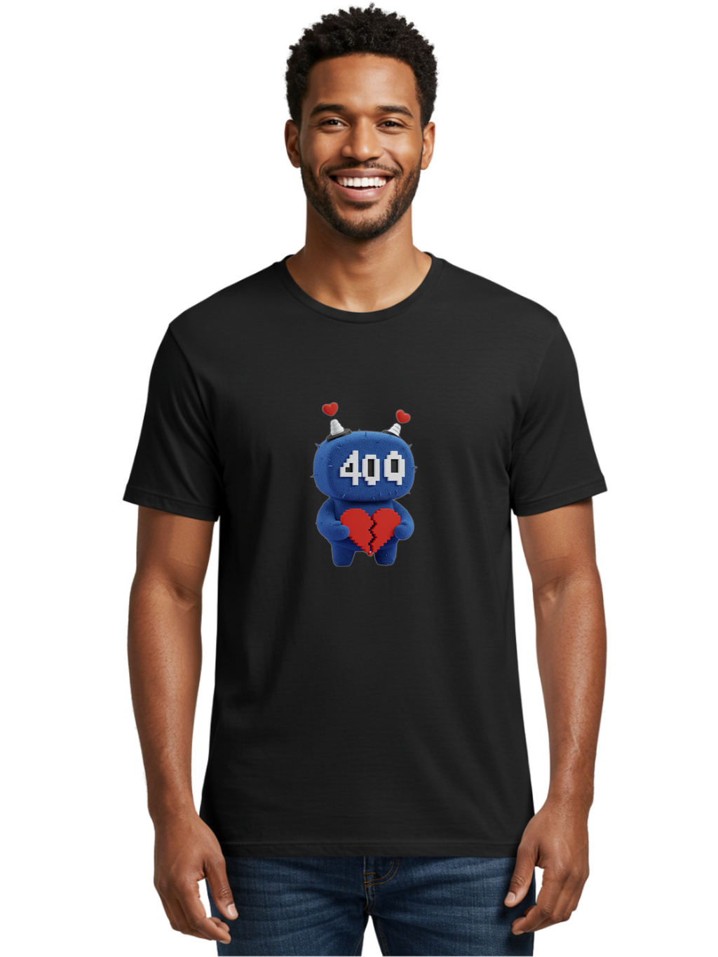 404-Monster Men'S Graphic Tee, 100% Cotton, Comfortable Casual Summer Wear, Machine Washable, Broken Red Heart, Blue Creature, 400 Displayed On Face, Pixelated Eyes, White Horns, Cute Character, Digital Illustration, Pixel Art, Heartbreak, Baa102