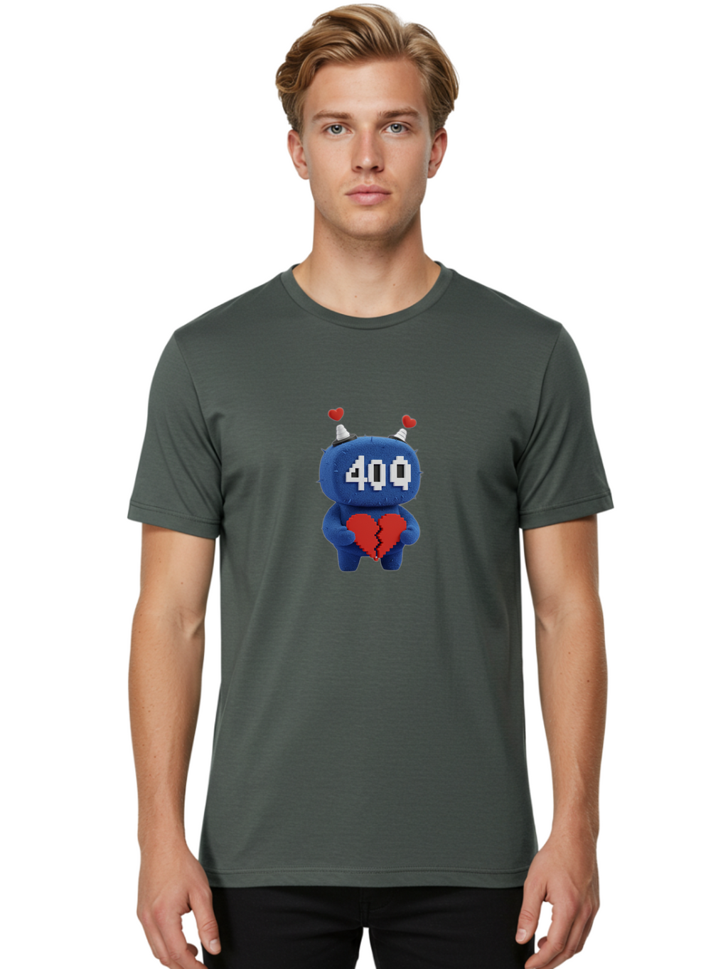 404-Monster Men'S Graphic Tee, 100% Cotton, Comfortable Casual Summer Wear, Machine Washable, Broken Red Heart, Blue Creature, 400 Displayed On Face, Pixelated Eyes, White Horns, Cute Character, Digital Illustration, Pixel Art, Heartbreak, Baa102