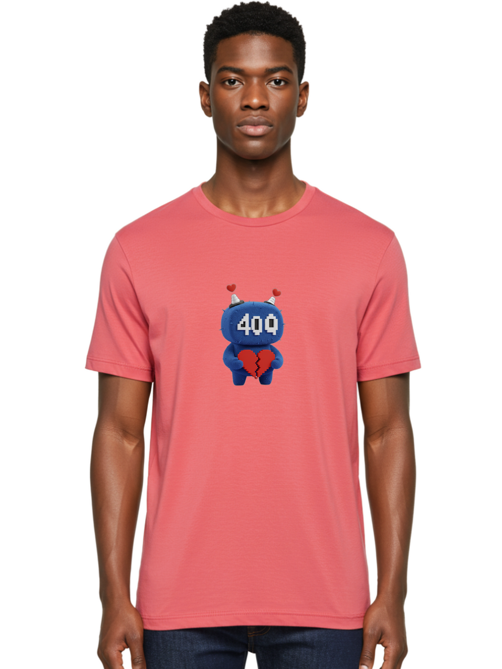 404-Monster Men'S Graphic Tee, 100% Cotton, Comfortable Casual Summer Wear, Machine Washable, Broken Red Heart, Blue Creature, 400 Displayed On Face, Pixelated Eyes, White Horns, Cute Character, Digital Illustration, Pixel Art, Heartbreak, Baa102
