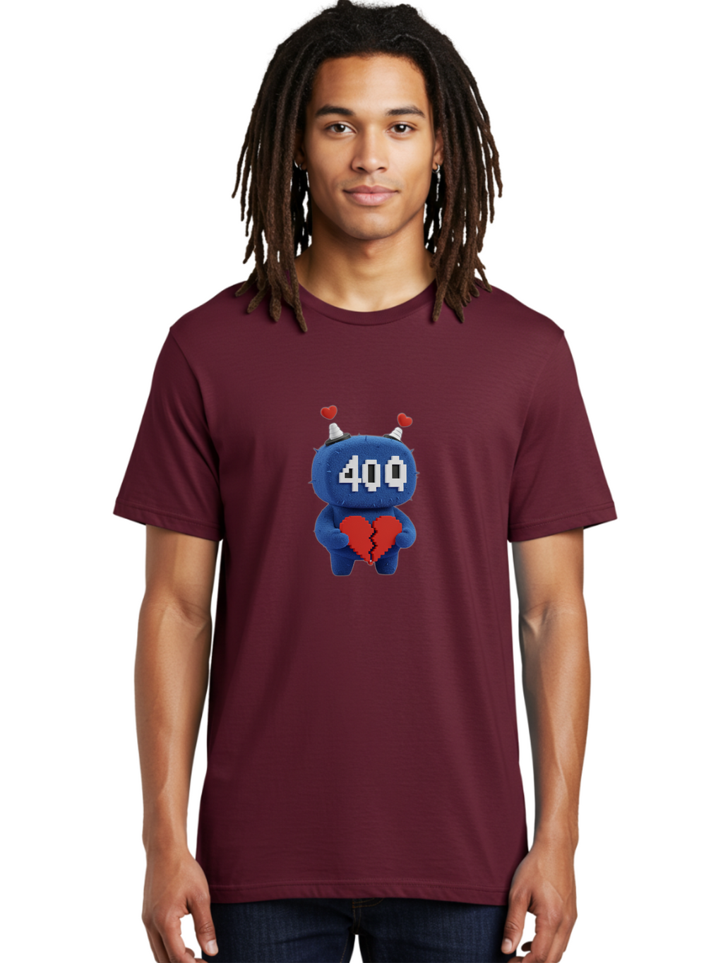 404-Monster Men'S Graphic Tee, 100% Cotton, Comfortable Casual Summer Wear, Machine Washable, Broken Red Heart, Blue Creature, 400 Displayed On Face, Pixelated Eyes, White Horns, Cute Character, Digital Illustration, Pixel Art, Heartbreak, Baa102