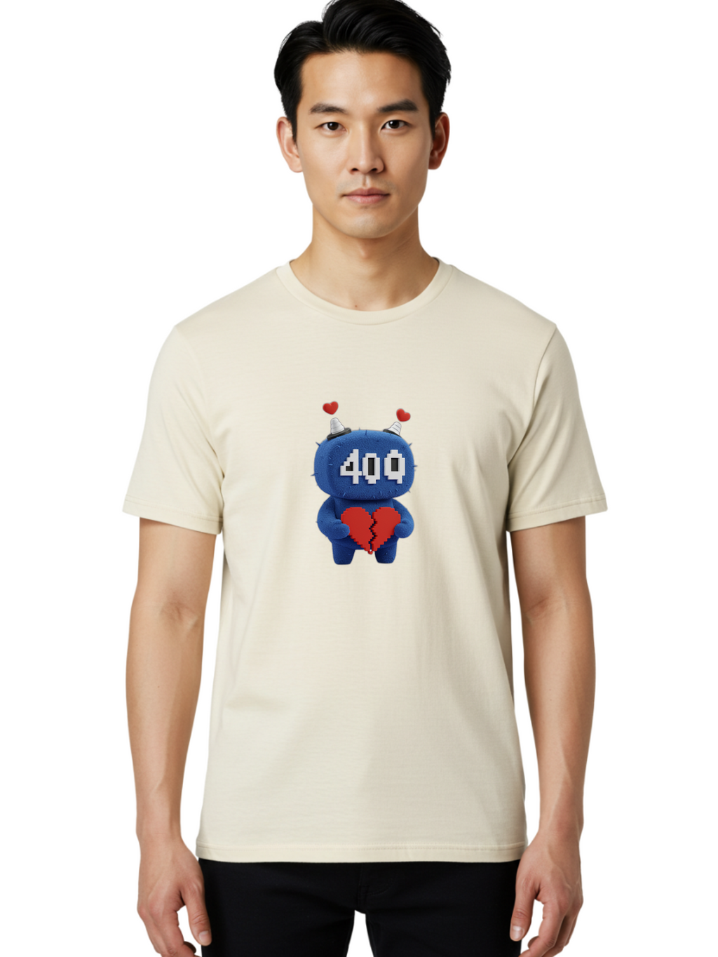 404-Monster Men'S Graphic Tee, 100% Cotton, Comfortable Casual Summer Wear, Machine Washable, Broken Red Heart, Blue Creature, 400 Displayed On Face, Pixelated Eyes, White Horns, Cute Character, Digital Illustration, Pixel Art, Heartbreak, Baa102