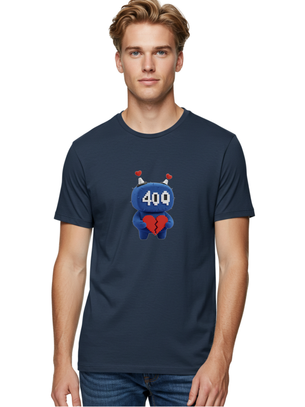 404-Monster Men'S Graphic Tee, 100% Cotton, Comfortable Casual Summer Wear, Machine Washable, Broken Red Heart, Blue Creature, 400 Displayed On Face, Pixelated Eyes, White Horns, Cute Character, Digital Illustration, Pixel Art, Heartbreak, Baa102