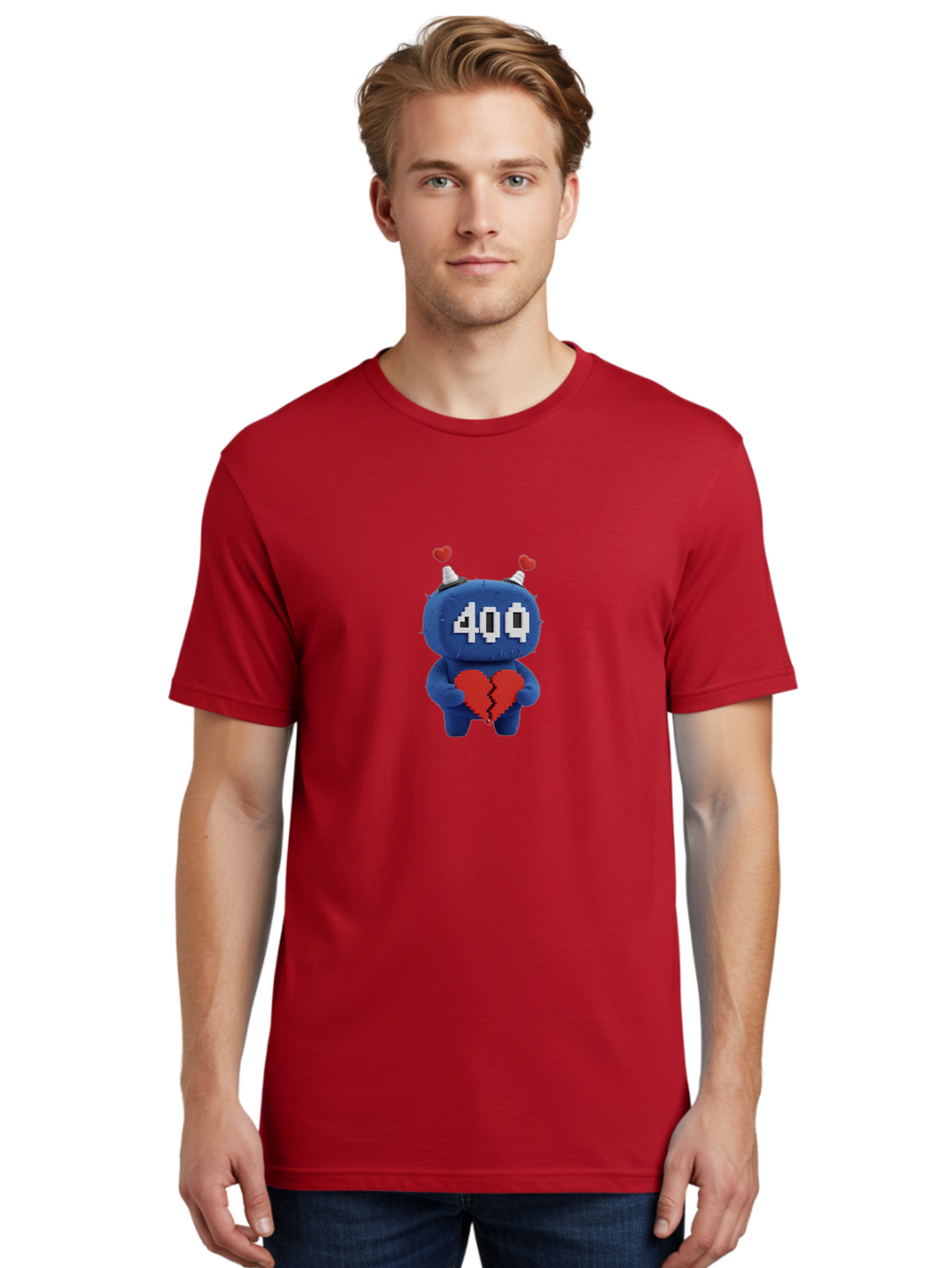 404-Monster Men'S Graphic Tee, 100% Cotton, Comfortable Casual Summer Wear, Machine Washable, Broken Red Heart, Blue Creature, 400 Displayed On Face, Pixelated Eyes, White Horns, Cute Character, Digital Illustration, Pixel Art, Heartbreak, Baa102