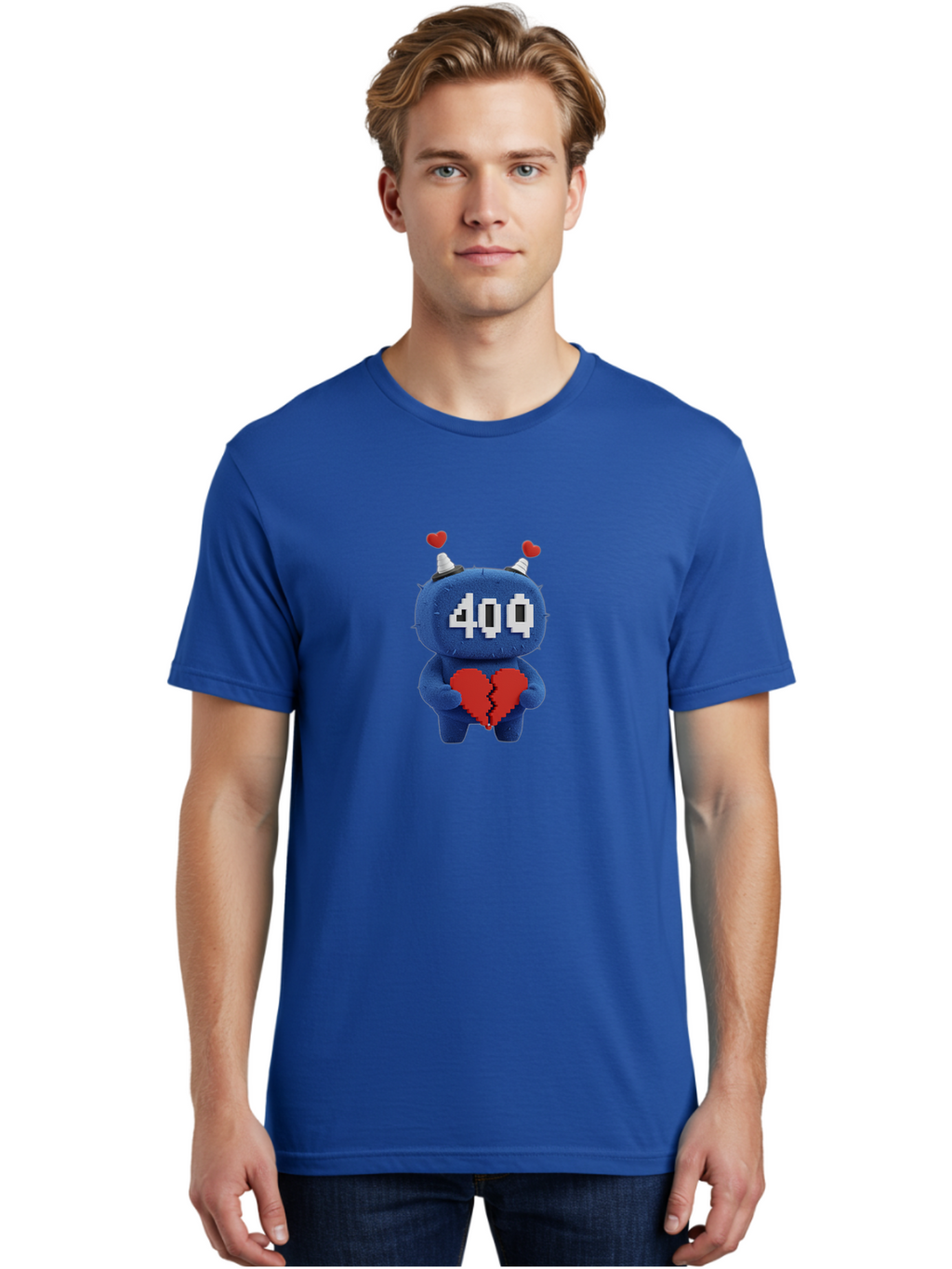 404-Monster Men'S Graphic Tee, 100% Cotton, Comfortable Casual Summer Wear, Machine Washable, Broken Red Heart, Blue Creature, 400 Displayed On Face, Pixelated Eyes, White Horns, Cute Character, Digital Illustration, Pixel Art, Heartbreak, Baa102