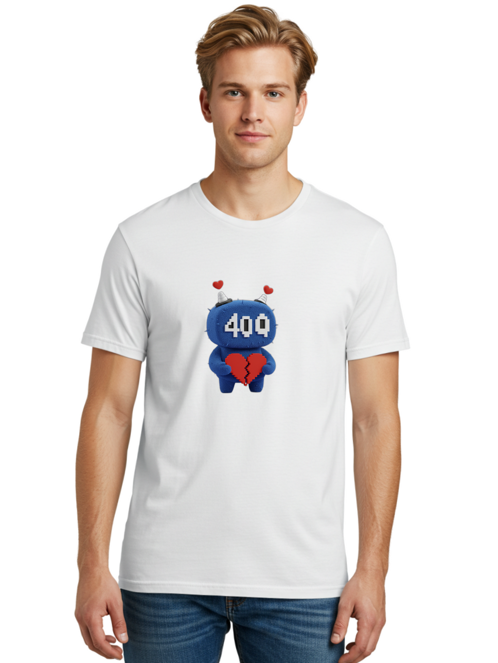 404-Monster Men'S Graphic Tee, 100% Cotton, Comfortable Casual Summer Wear, Machine Washable, Broken Red Heart, Blue Creature, 400 Displayed On Face, Pixelated Eyes, White Horns, Cute Character, Digital Illustration, Pixel Art, Heartbreak, Baa102