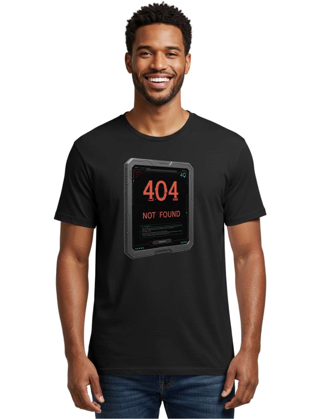 404-Not-Found Men'S Graphic Tee, 100% Cotton, Comfortable Casual Summer Wear, Machine Washable, 404 Error, Not Found Message, Futuristic Device, Error Screen, Cyberpunk Theme, Orange Text, Black Device, Tech Glitch, Sci-Fi Interface, Baa103