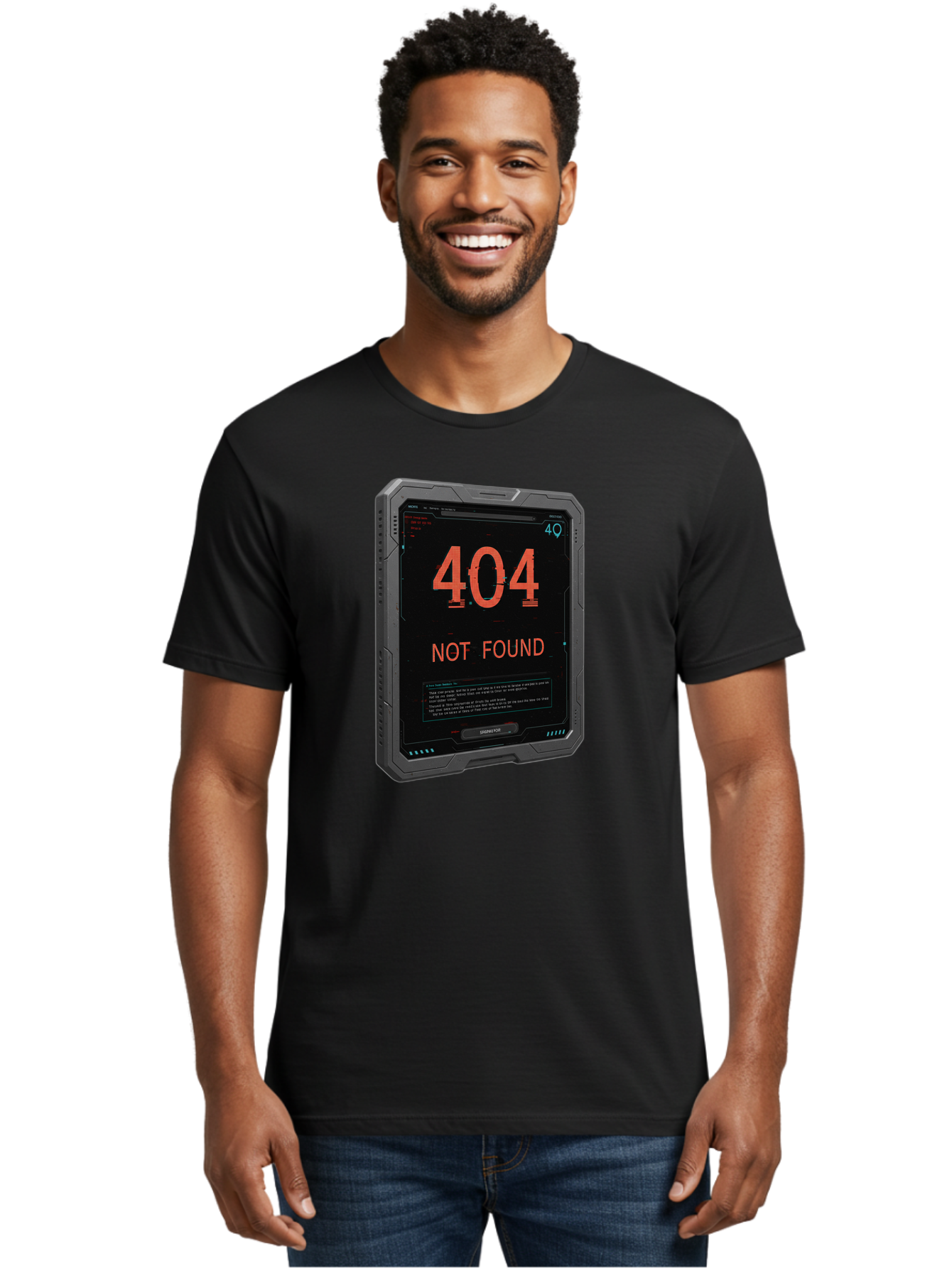 404-Not-Found Men'S Graphic Tee, 100% Cotton, Comfortable Casual Summer Wear, Machine Washable, 404 Error, Not Found Message, Futuristic Device, Error Screen, Cyberpunk Theme, Orange Text, Black Device, Tech Glitch, Sci-Fi Interface, Baa103
