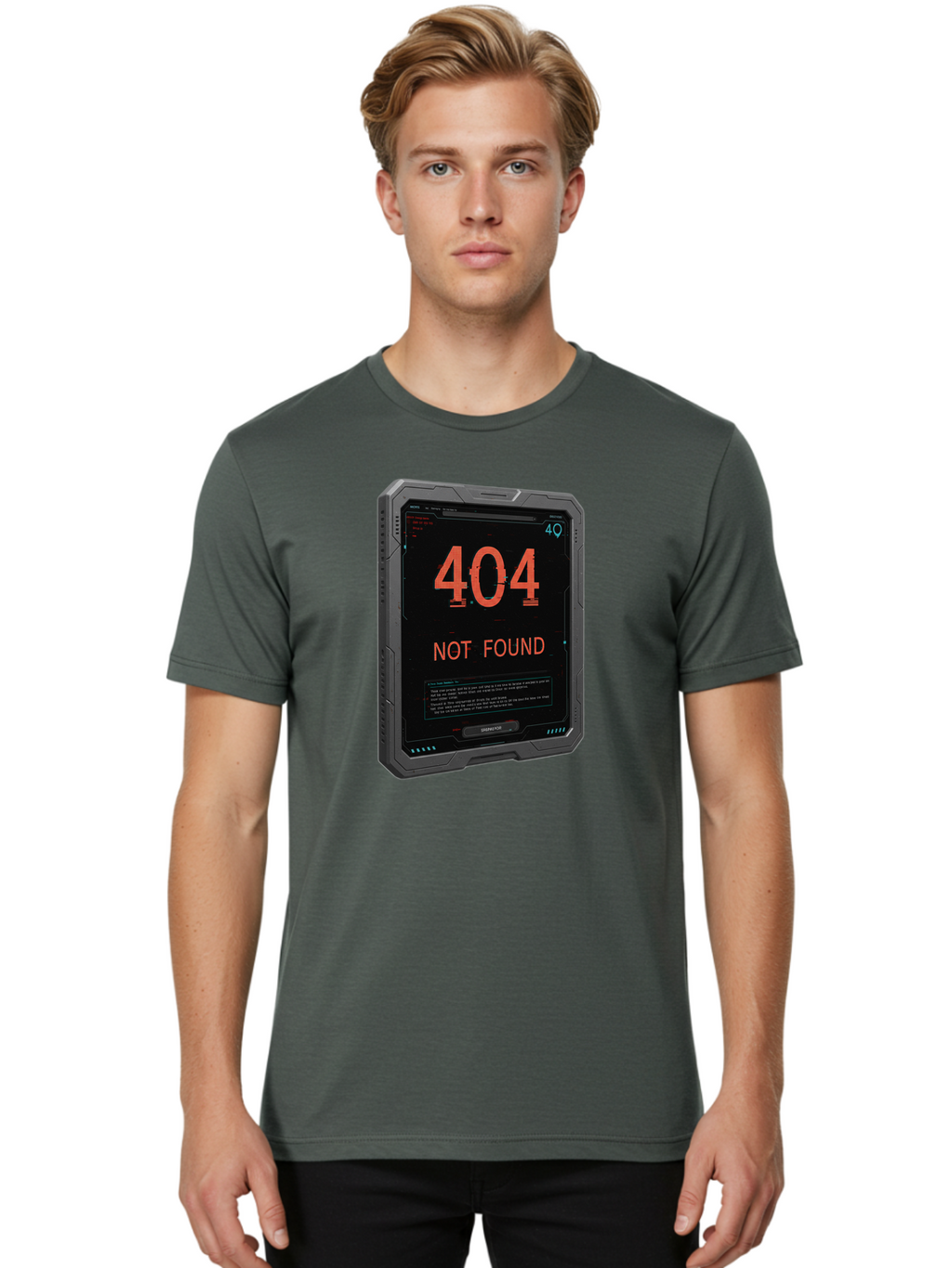 404-Not-Found Men'S Graphic Tee, 100% Cotton, Comfortable Casual Summer Wear, Machine Washable, 404 Error, Not Found Message, Futuristic Device, Error Screen, Cyberpunk Theme, Orange Text, Black Device, Tech Glitch, Sci-Fi Interface, Baa103