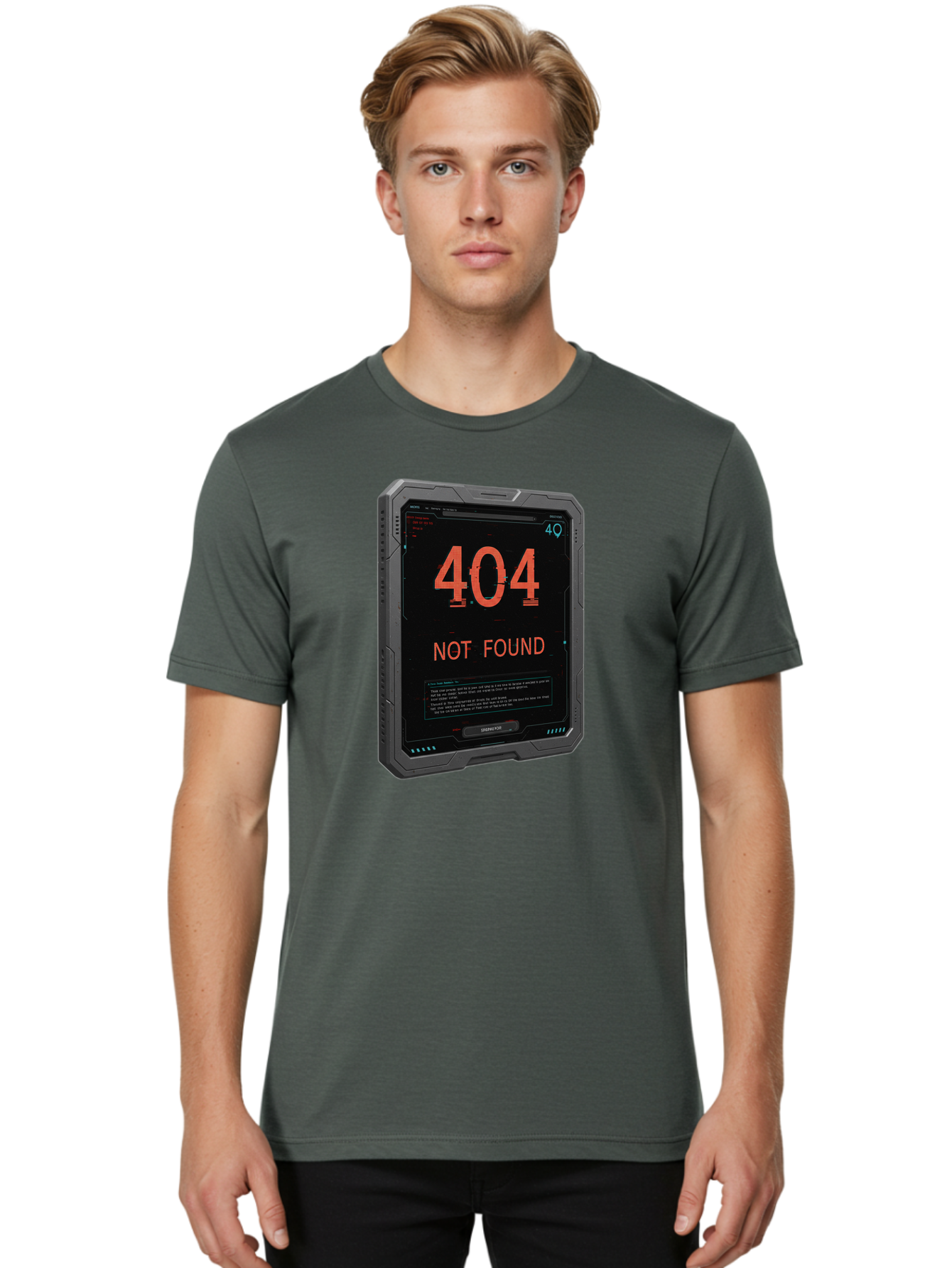404-Not-Found Men'S Graphic Tee, 100% Cotton, Comfortable Casual Summer Wear, Machine Washable, 404 Error, Not Found Message, Futuristic Device, Error Screen, Cyberpunk Theme, Orange Text, Black Device, Tech Glitch, Sci-Fi Interface, Baa103