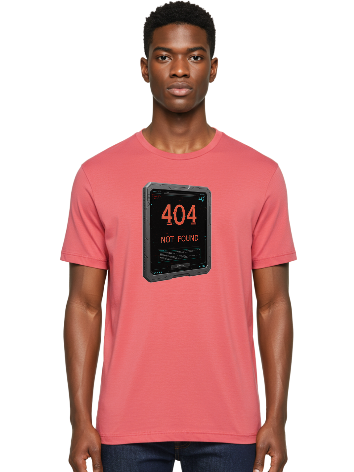 404-Not-Found Men'S Graphic Tee, 100% Cotton, Comfortable Casual Summer Wear, Machine Washable, 404 Error, Not Found Message, Futuristic Device, Error Screen, Cyberpunk Theme, Orange Text, Black Device, Tech Glitch, Sci-Fi Interface, Baa103