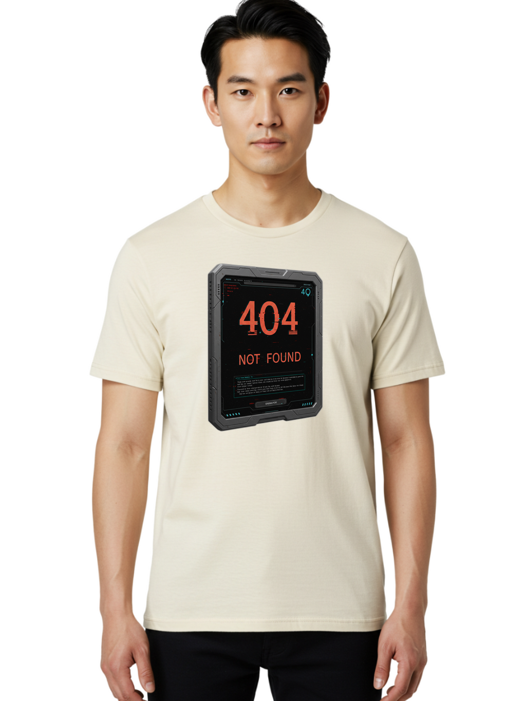 404-Not-Found Men'S Graphic Tee, 100% Cotton, Comfortable Casual Summer Wear, Machine Washable, 404 Error, Not Found Message, Futuristic Device, Error Screen, Cyberpunk Theme, Orange Text, Black Device, Tech Glitch, Sci-Fi Interface, Baa103
