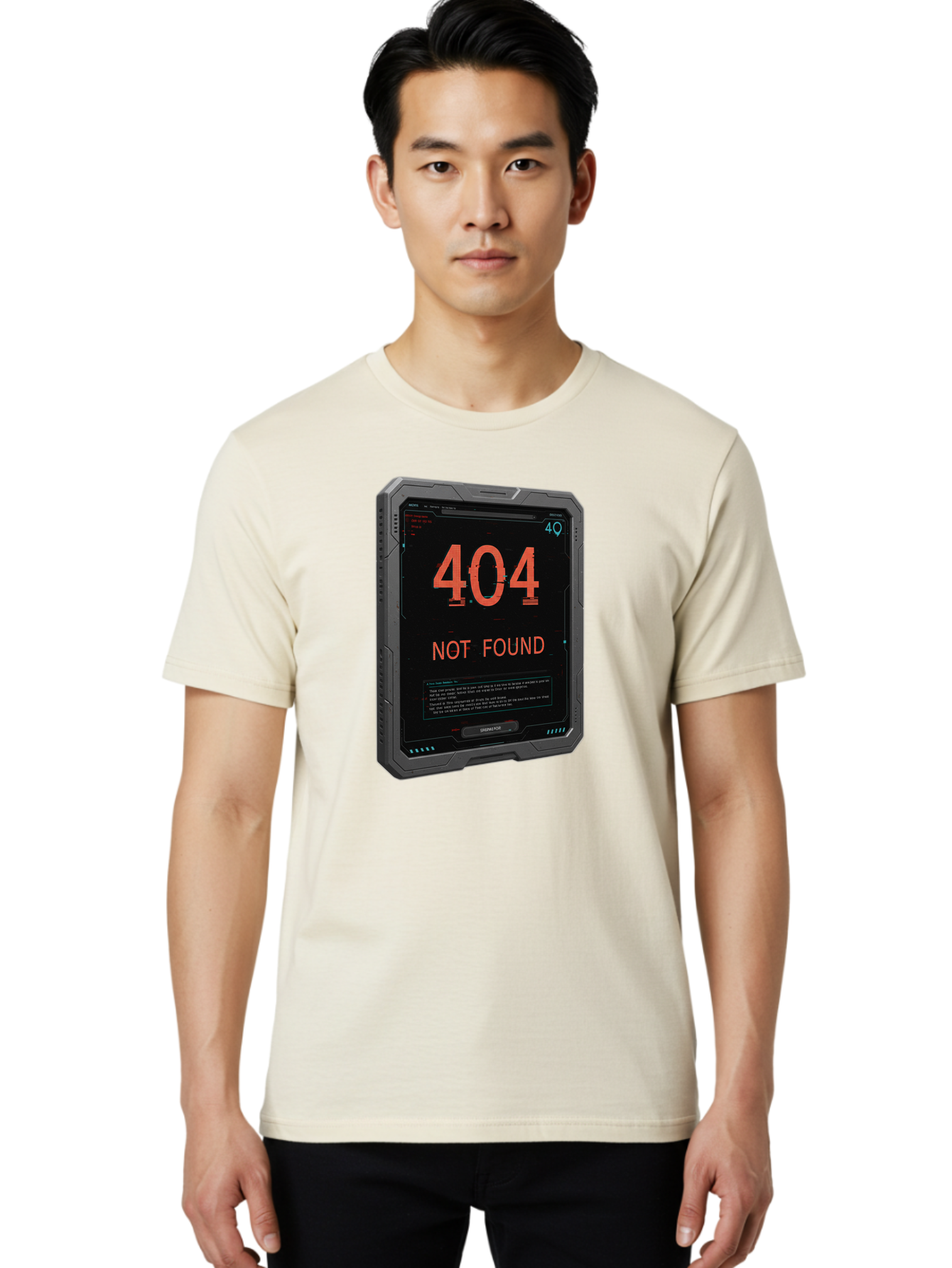 404-Not-Found Men'S Graphic Tee, 100% Cotton, Comfortable Casual Summer Wear, Machine Washable, 404 Error, Not Found Message, Futuristic Device, Error Screen, Cyberpunk Theme, Orange Text, Black Device, Tech Glitch, Sci-Fi Interface, Baa103