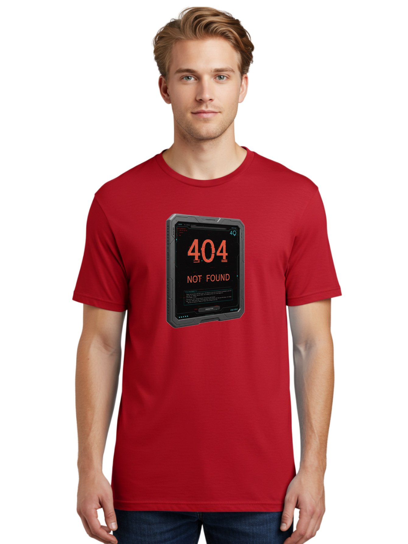 404-Not-Found Men'S Graphic Tee, 100% Cotton, Comfortable Casual Summer Wear, Machine Washable, 404 Error, Not Found Message, Futuristic Device, Error Screen, Cyberpunk Theme, Orange Text, Black Device, Tech Glitch, Sci-Fi Interface, Baa103