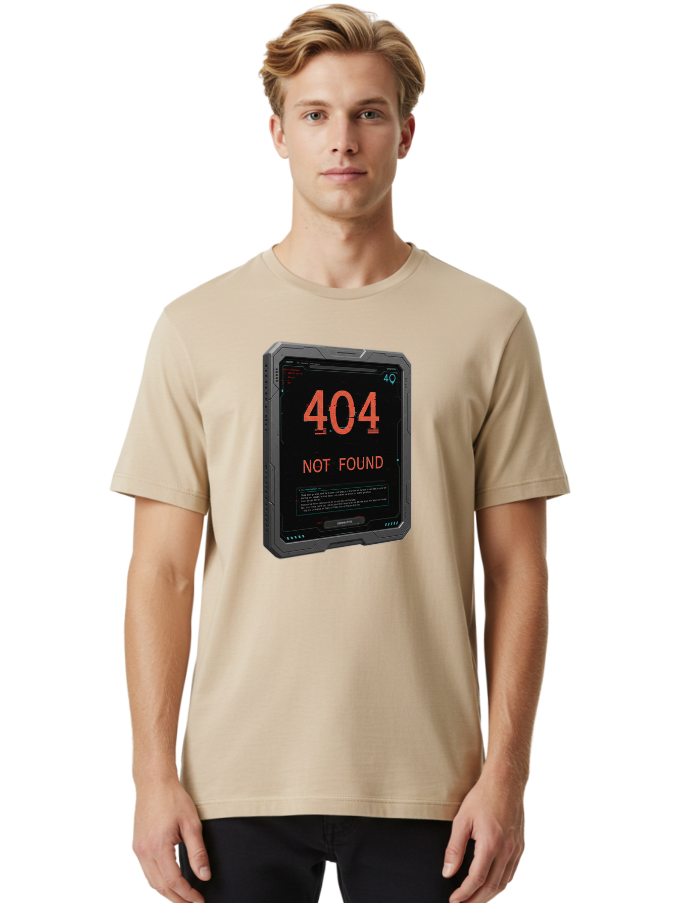 404-Not-Found Men'S Graphic Tee, 100% Cotton, Comfortable Casual Summer Wear, Machine Washable, 404 Error, Not Found Message, Futuristic Device, Error Screen, Cyberpunk Theme, Orange Text, Black Device, Tech Glitch, Sci-Fi Interface, Baa103