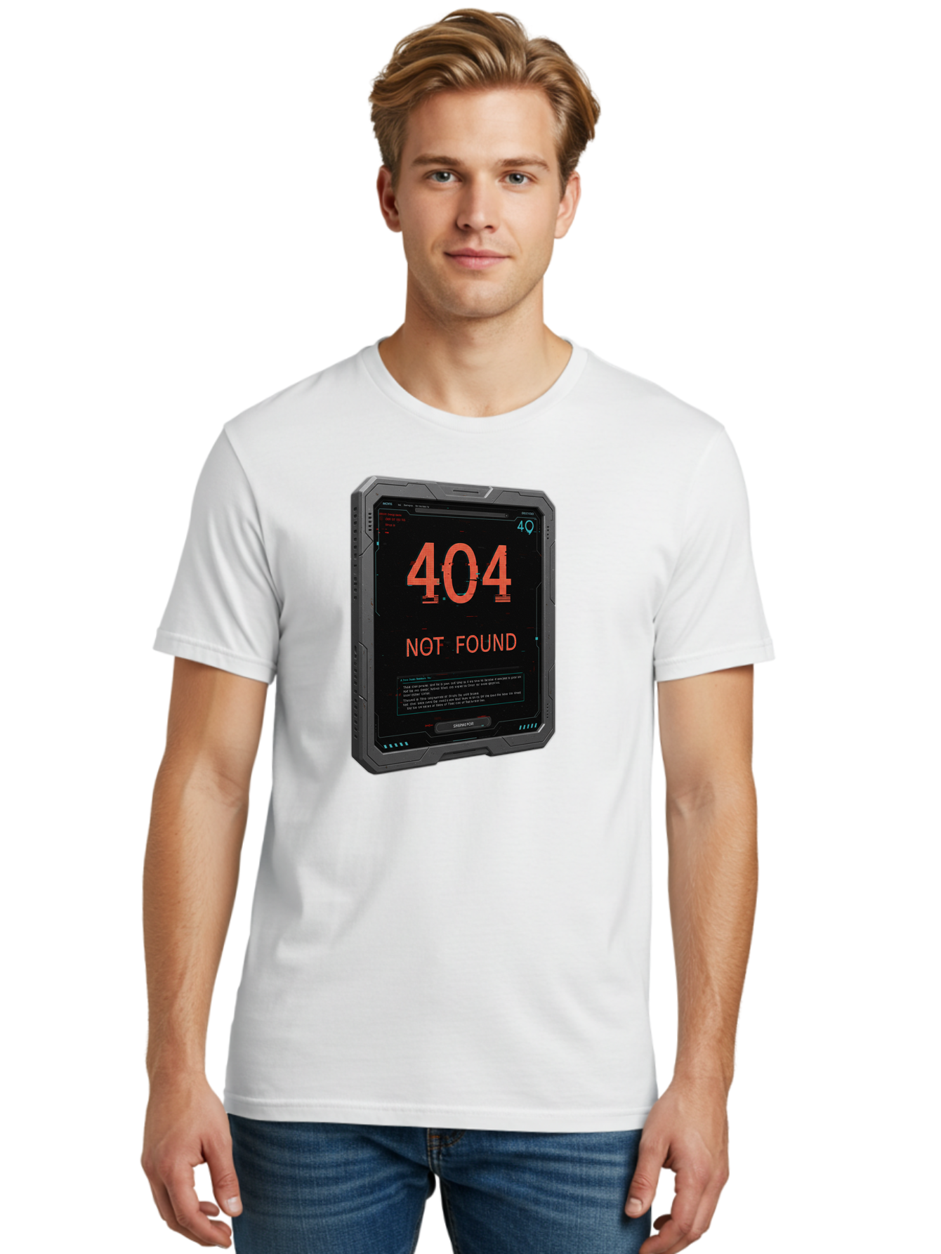 404-Not-Found Men'S Graphic Tee, 100% Cotton, Comfortable Casual Summer Wear, Machine Washable, 404 Error, Not Found Message, Futuristic Device, Error Screen, Cyberpunk Theme, Orange Text, Black Device, Tech Glitch, Sci-Fi Interface, Baa103