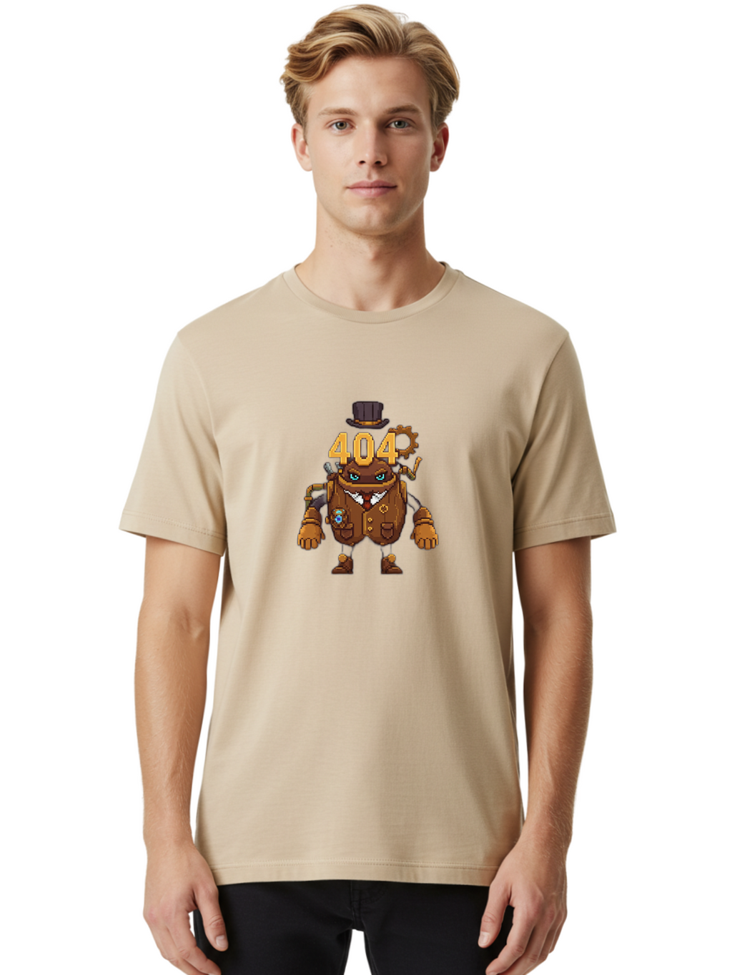 404-Robot Men'S Graphic Tee, 100% Cotton, Comfortable Casual Summer Wear, Machine Washable, Steampunk Robot, 404 Error Message, Robotics, Mechanical Parts, Top Hat, Quirky Character, Error Page, Web Design, Funny Illustration, Creative Coding Baa107