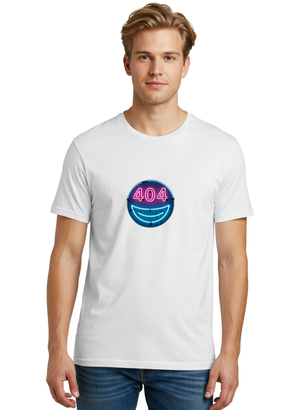 404-Smile Men'S Graphic Tee, 100% Cotton, Comfortable Casual Summer Wear, Machine Washable, Neon Smiley Face, 404 Error Message, Error Page, Pink Neon Numbers, Blue Neon Smile, Funny Error, Website Error, Glitch, Tech Humor, Cyber Smile, Baa109