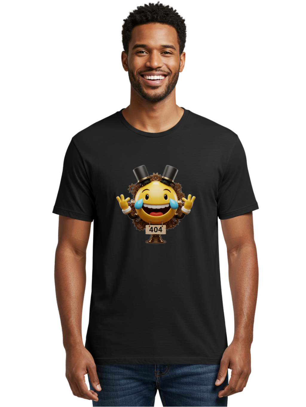 404-Steampunk-Emoji Men'S Graphic Tee, 100% Cotton, Comfortable Casual Summer Wear, Machine Washable, Steampunk Emoji, Laughing Crying Face, 404 Error Page, Steam Engine Gears, Top Hats, Quirky Design, Comical Illustration, Humorous Art, Baa110