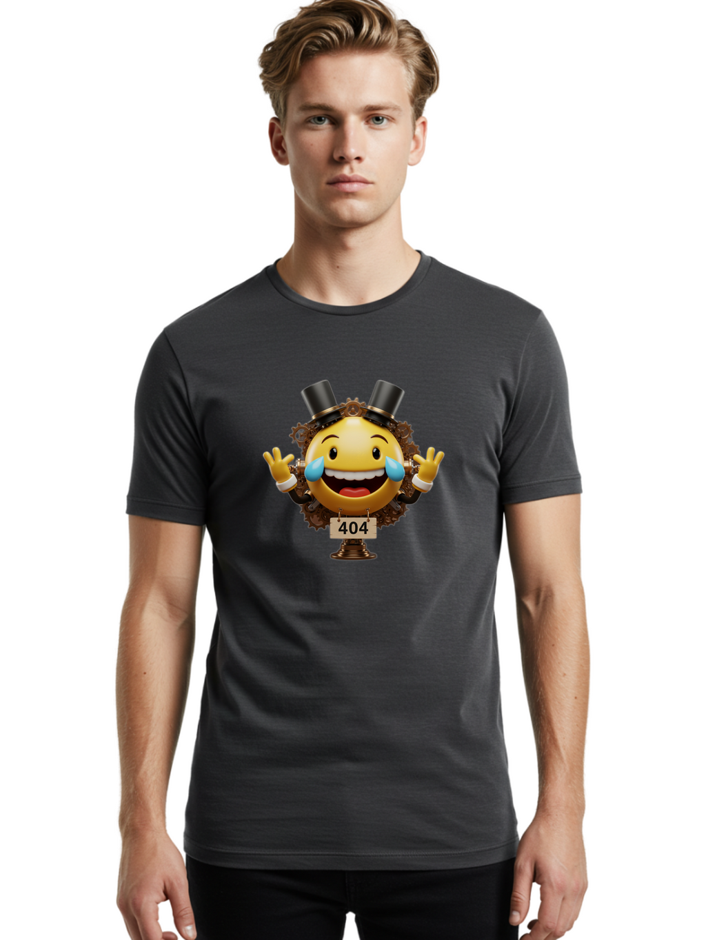 404-Steampunk-Emoji Men'S Graphic Tee, 100% Cotton, Comfortable Casual Summer Wear, Machine Washable, Steampunk Emoji, Laughing Crying Face, 404 Error Page, Steam Engine Gears, Top Hats, Quirky Design, Comical Illustration, Humorous Art, Baa110
