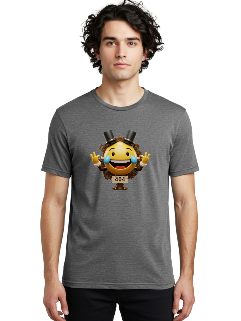 404-Steampunk-Emoji Men'S Graphic Tee, 100% Cotton, Comfortable Casual Summer Wear, Machine Washable, Steampunk Emoji, Laughing Crying Face, 404 Error Page, Steam Engine Gears, Top Hats, Quirky Design, Comical Illustration, Humorous Art, Baa110