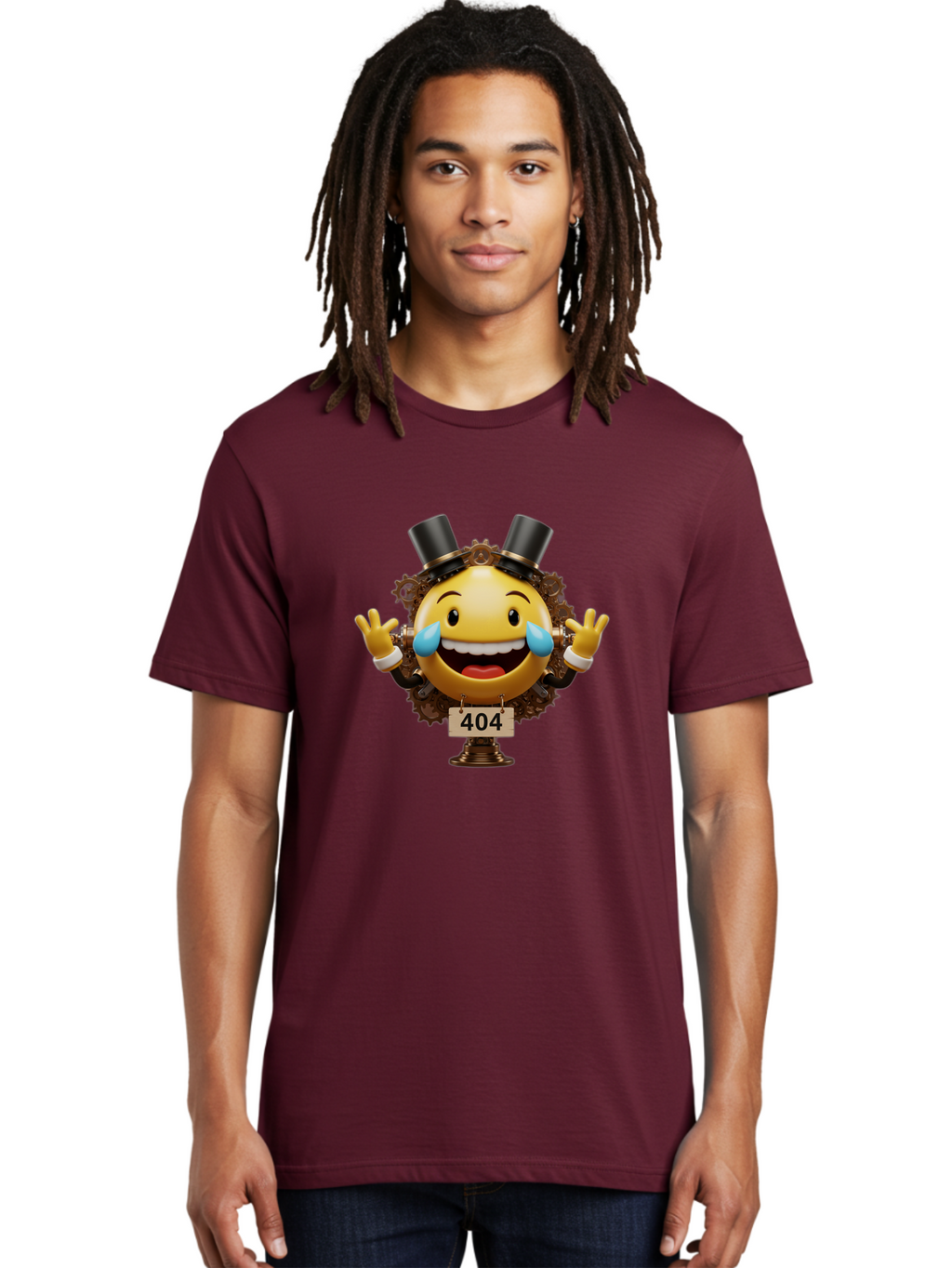 404-Steampunk-Emoji Men'S Graphic Tee, 100% Cotton, Comfortable Casual Summer Wear, Machine Washable, Steampunk Emoji, Laughing Crying Face, 404 Error Page, Steam Engine Gears, Top Hats, Quirky Design, Comical Illustration, Humorous Art, Baa110