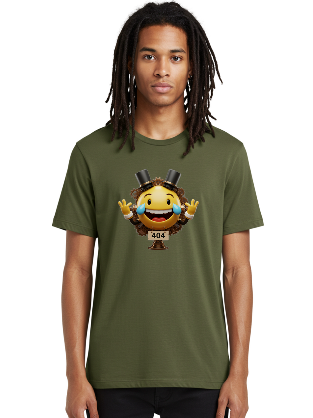 404-Steampunk-Emoji Men'S Graphic Tee, 100% Cotton, Comfortable Casual Summer Wear, Machine Washable, Steampunk Emoji, Laughing Crying Face, 404 Error Page, Steam Engine Gears, Top Hats, Quirky Design, Comical Illustration, Humorous Art, Baa110