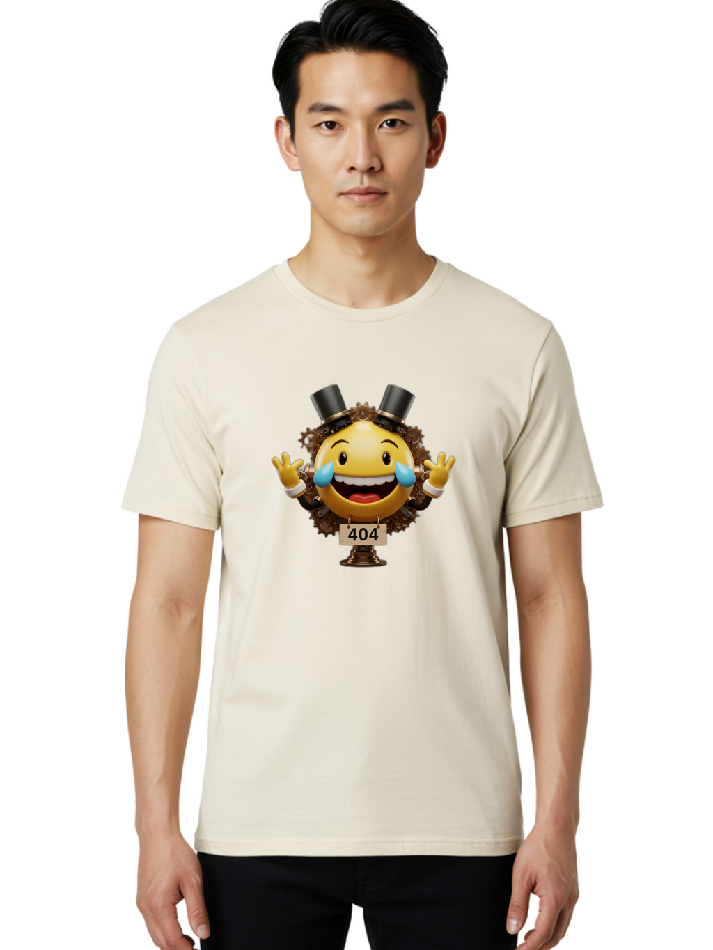 404-Steampunk-Emoji Men'S Graphic Tee, 100% Cotton, Comfortable Casual Summer Wear, Machine Washable, Steampunk Emoji, Laughing Crying Face, 404 Error Page, Steam Engine Gears, Top Hats, Quirky Design, Comical Illustration, Humorous Art, Baa110