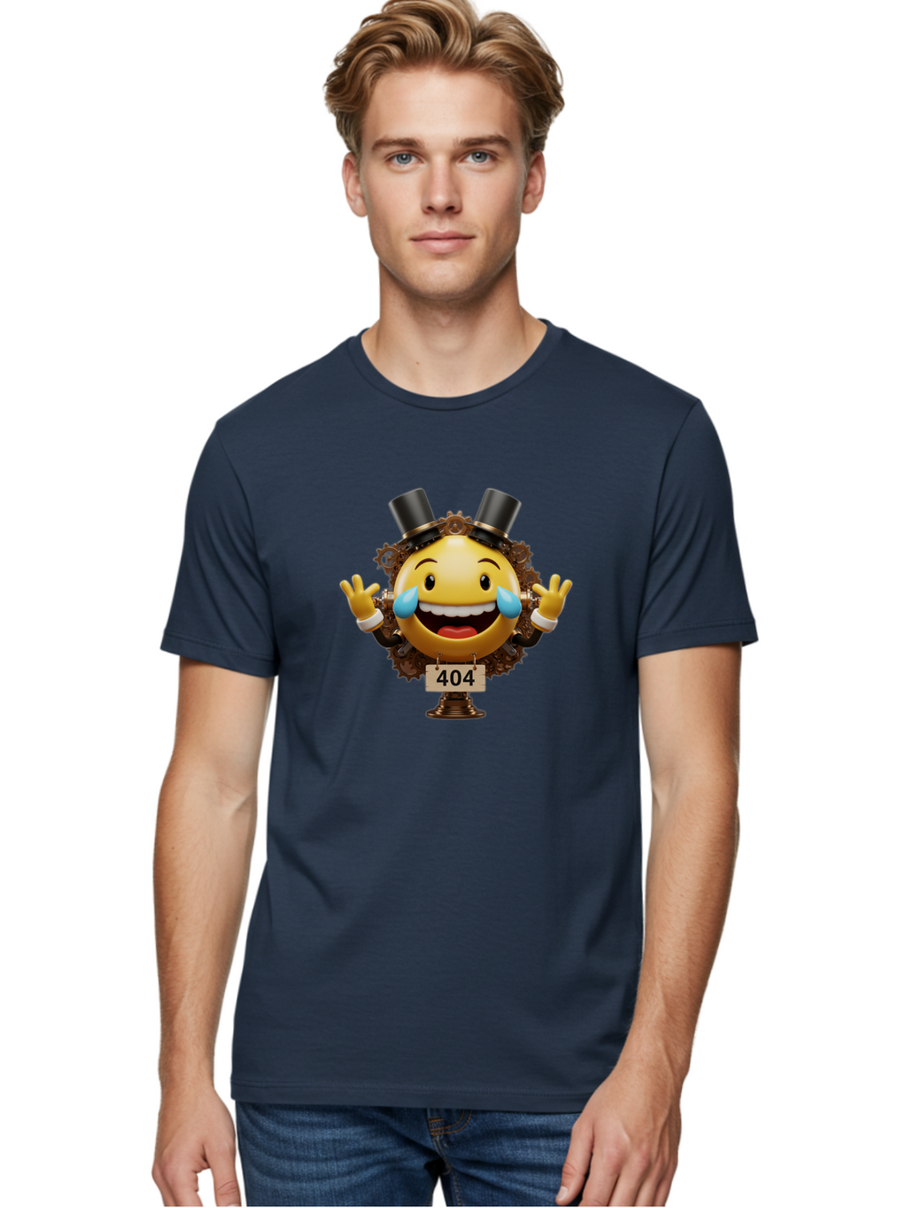 404-Steampunk-Emoji Men'S Graphic Tee, 100% Cotton, Comfortable Casual Summer Wear, Machine Washable, Steampunk Emoji, Laughing Crying Face, 404 Error Page, Steam Engine Gears, Top Hats, Quirky Design, Comical Illustration, Humorous Art, Baa110