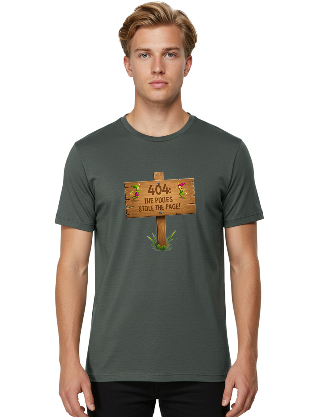 404-The-Pixies-Stole-The-Page Men'S Graphic Tee, 100% Cotton, Comfortable Casual Summer Wear, Machine Washable, Wooden Sign, Error 404, Mischievous Pixies, Lost Page, Playful Elves, Digital Mishaps, Website Errors, Fun, Mythical Creatures, Baa111