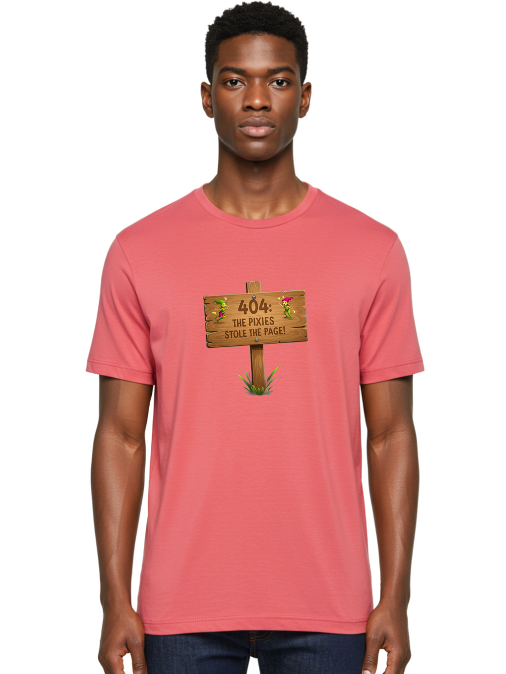 404-The-Pixies-Stole-The-Page Men'S Graphic Tee, 100% Cotton, Comfortable Casual Summer Wear, Machine Washable, Wooden Sign, Error 404, Mischievous Pixies, Lost Page, Playful Elves, Digital Mishaps, Website Errors, Fun, Mythical Creatures, Baa111