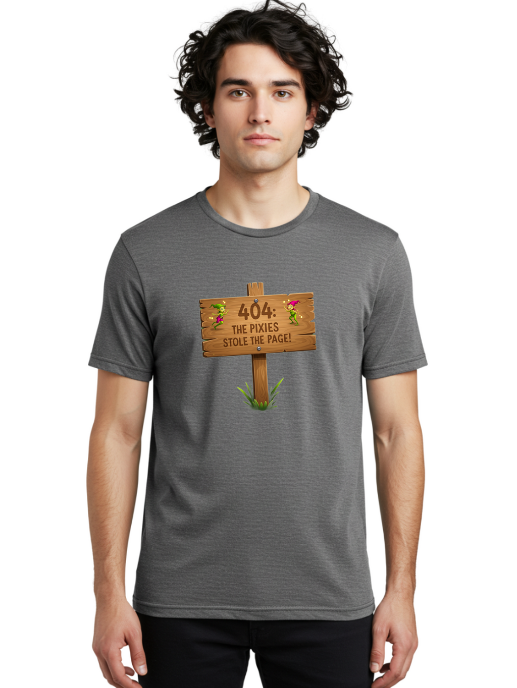 404-The-Pixies-Stole-The-Page Men'S Graphic Tee, 100% Cotton, Comfortable Casual Summer Wear, Machine Washable, Wooden Sign, Error 404, Mischievous Pixies, Lost Page, Playful Elves, Digital Mishaps, Website Errors, Fun, Mythical Creatures, Baa111
