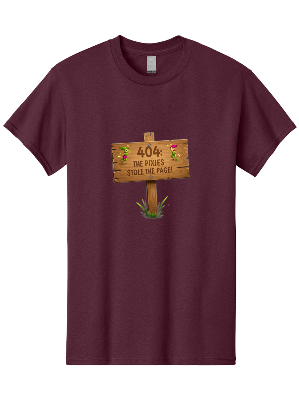 404-The-Pixies-Stole-The-Page Men'S Graphic Tee, 100% Cotton, Comfortable Casual Summer Wear, Machine Washable, Wooden Sign, Error 404, Mischievous Pixies, Lost Page, Playful Elves, Digital Mishaps, Website Errors, Fun, Mythical Creatures, Baa111