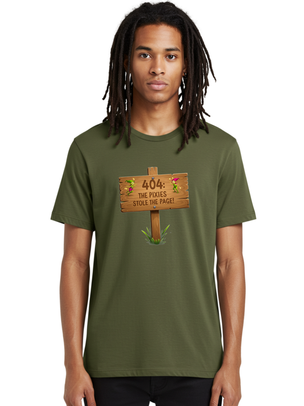 404-The-Pixies-Stole-The-Page Men'S Graphic Tee, 100% Cotton, Comfortable Casual Summer Wear, Machine Washable, Wooden Sign, Error 404, Mischievous Pixies, Lost Page, Playful Elves, Digital Mishaps, Website Errors, Fun, Mythical Creatures, Baa111