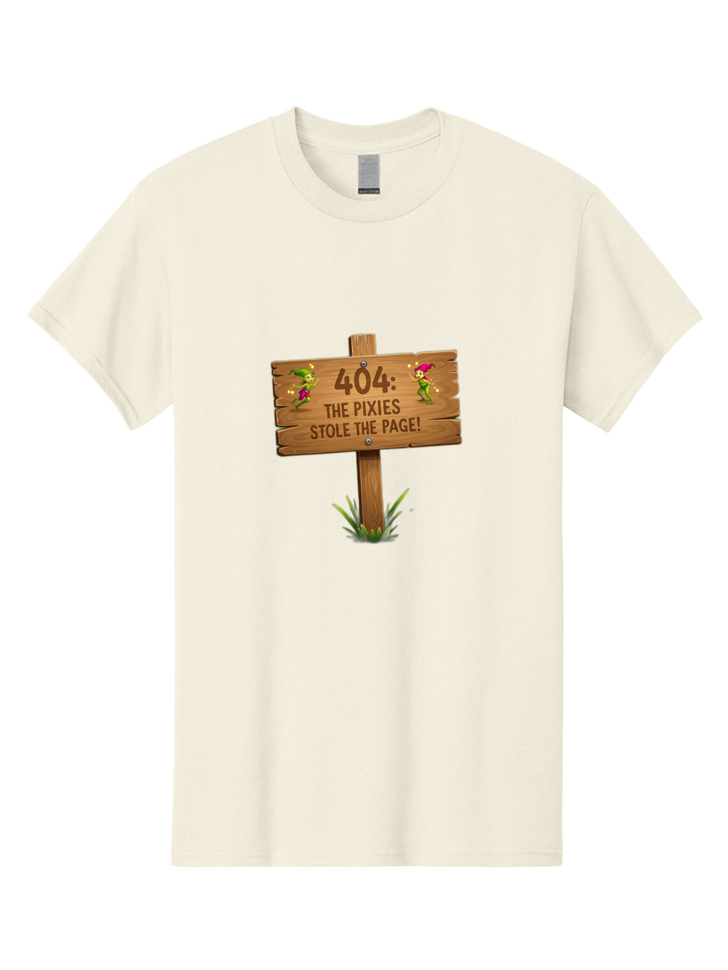 404-The-Pixies-Stole-The-Page Men'S Graphic Tee, 100% Cotton, Comfortable Casual Summer Wear, Machine Washable, Wooden Sign, Error 404, Mischievous Pixies, Lost Page, Playful Elves, Digital Mishaps, Website Errors, Fun, Mythical Creatures, Baa111