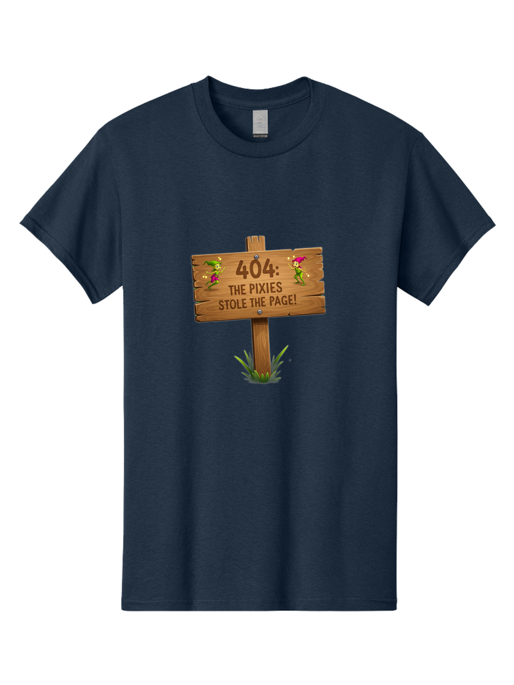 404-The-Pixies-Stole-The-Page Men'S Graphic Tee, 100% Cotton, Comfortable Casual Summer Wear, Machine Washable, Wooden Sign, Error 404, Mischievous Pixies, Lost Page, Playful Elves, Digital Mishaps, Website Errors, Fun, Mythical Creatures, Baa111