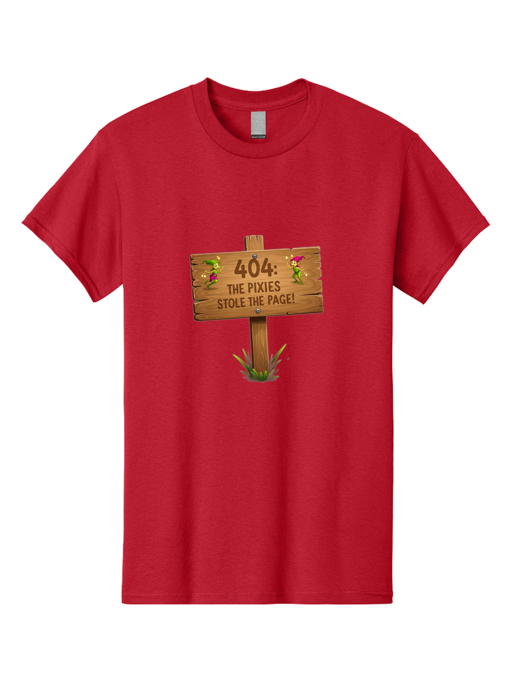 404-The-Pixies-Stole-The-Page Men'S Graphic Tee, 100% Cotton, Comfortable Casual Summer Wear, Machine Washable, Wooden Sign, Error 404, Mischievous Pixies, Lost Page, Playful Elves, Digital Mishaps, Website Errors, Fun, Mythical Creatures, Baa111