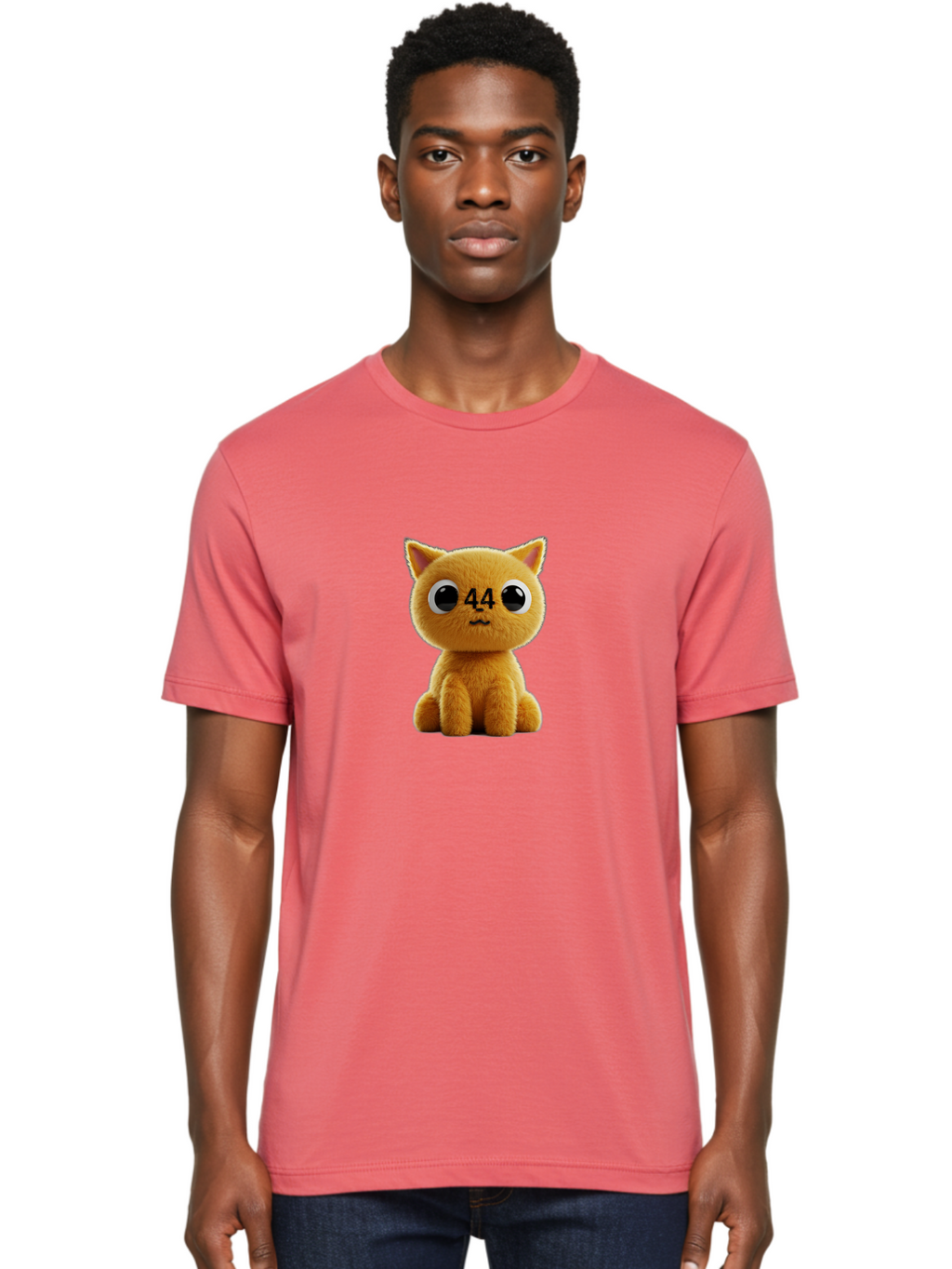 44 Men'S Graphic Tee, 100% Cotton, Comfortable Casual Summer Wear, Machine Washable, Cute Cartoon Cat, Funny Cat Design, Orange Cat Plush, Cartoonish Eyes, Adorable Facial Expression, Kawaii Character, Number 44 Design, Soft Toy Baa114