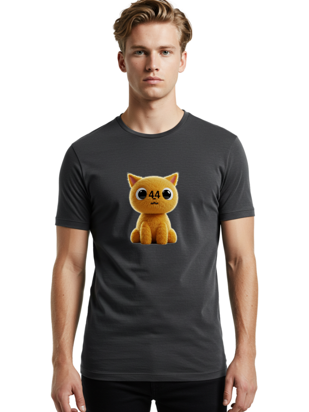 44 Men'S Graphic Tee, 100% Cotton, Comfortable Casual Summer Wear, Machine Washable, Cute Cartoon Cat, Funny Cat Design, Orange Cat Plush, Cartoonish Eyes, Adorable Facial Expression, Kawaii Character, Number 44 Design, Soft Toy Baa114