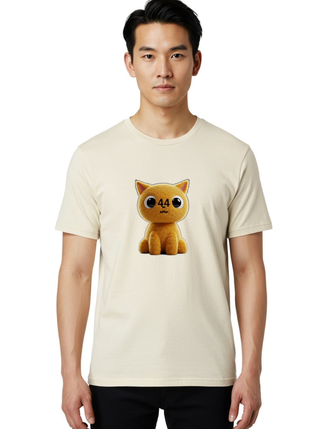 44 Men'S Graphic Tee, 100% Cotton, Comfortable Casual Summer Wear, Machine Washable, Cute Cartoon Cat, Funny Cat Design, Orange Cat Plush, Cartoonish Eyes, Adorable Facial Expression, Kawaii Character, Number 44 Design, Soft Toy Baa114