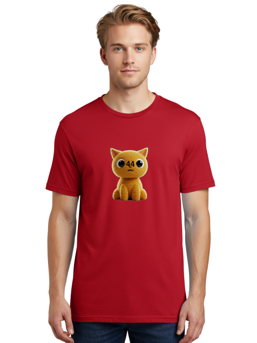 44 Men'S Graphic Tee, 100% Cotton, Comfortable Casual Summer Wear, Machine Washable, Cute Cartoon Cat, Funny Cat Design, Orange Cat Plush, Cartoonish Eyes, Adorable Facial Expression, Kawaii Character, Number 44 Design, Soft Toy Baa114