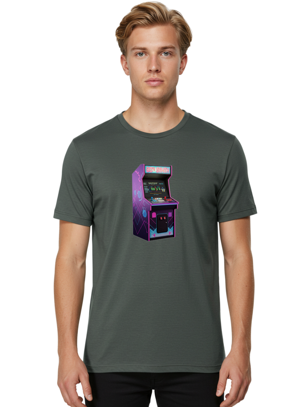 80-S-Synth-Arcade-Machine Men'S Graphic Tee, 100% Cotton, Comfortable Casual Summer Wear, Machine Washable, Retro Arcade Machine, Vintage Gaming, 80S Synth Music, Classic Video Games, Neon Lights, Pixel Art, Nostalgic Atmosphere, Baa115