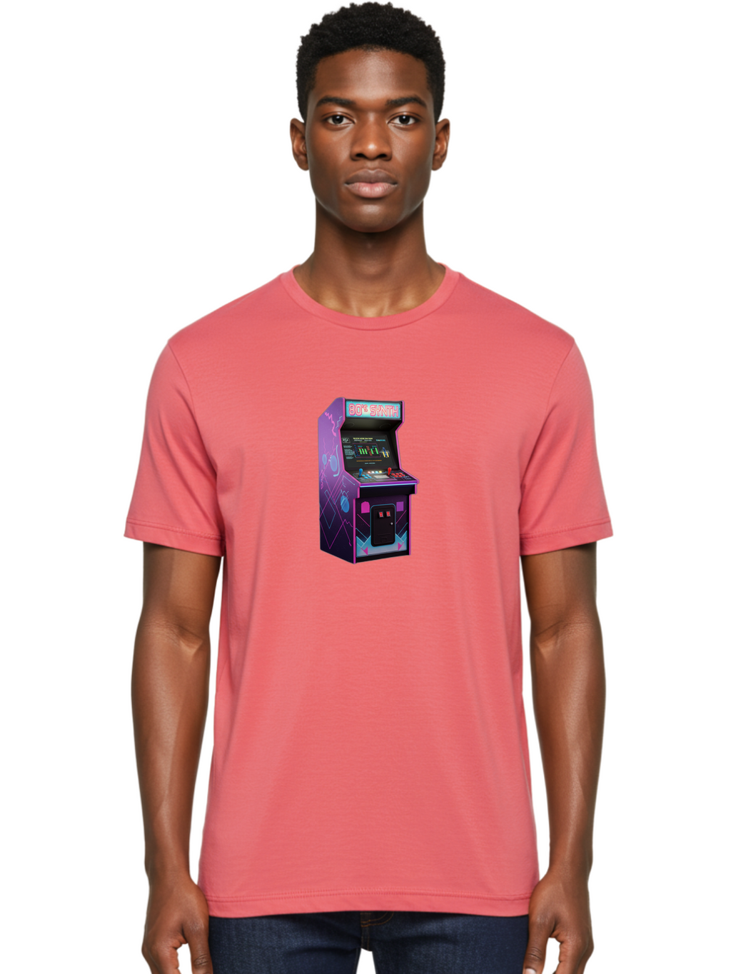80-S-Synth-Arcade-Machine Men'S Graphic Tee, 100% Cotton, Comfortable Casual Summer Wear, Machine Washable, Retro Arcade Machine, Vintage Gaming, 80S Synth Music, Classic Video Games, Neon Lights, Pixel Art, Nostalgic Atmosphere, Baa115
