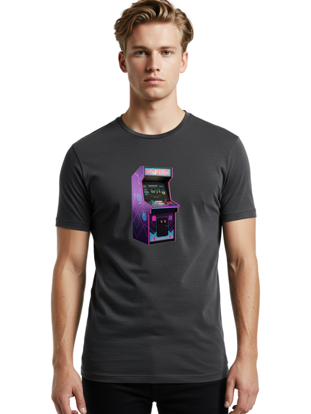 80-S-Synth-Arcade-Machine Men'S Graphic Tee, 100% Cotton, Comfortable Casual Summer Wear, Machine Washable, Retro Arcade Machine, Vintage Gaming, 80S Synth Music, Classic Video Games, Neon Lights, Pixel Art, Nostalgic Atmosphere, Baa115