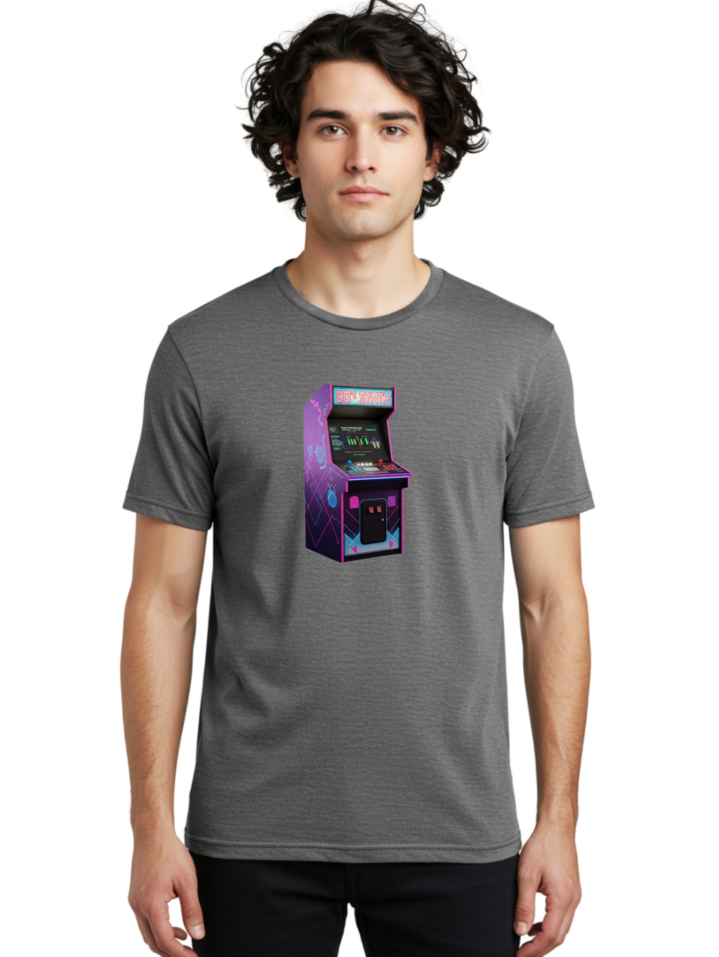 80-S-Synth-Arcade-Machine Men'S Graphic Tee, 100% Cotton, Comfortable Casual Summer Wear, Machine Washable, Retro Arcade Machine, Vintage Gaming, 80S Synth Music, Classic Video Games, Neon Lights, Pixel Art, Nostalgic Atmosphere, Baa115