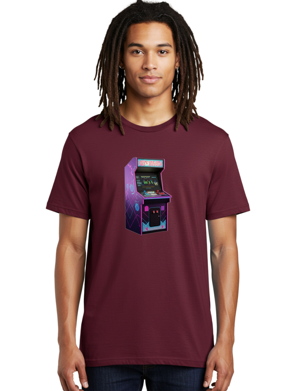 80-S-Synth-Arcade-Machine Men'S Graphic Tee, 100% Cotton, Comfortable Casual Summer Wear, Machine Washable, Retro Arcade Machine, Vintage Gaming, 80S Synth Music, Classic Video Games, Neon Lights, Pixel Art, Nostalgic Atmosphere, Baa115