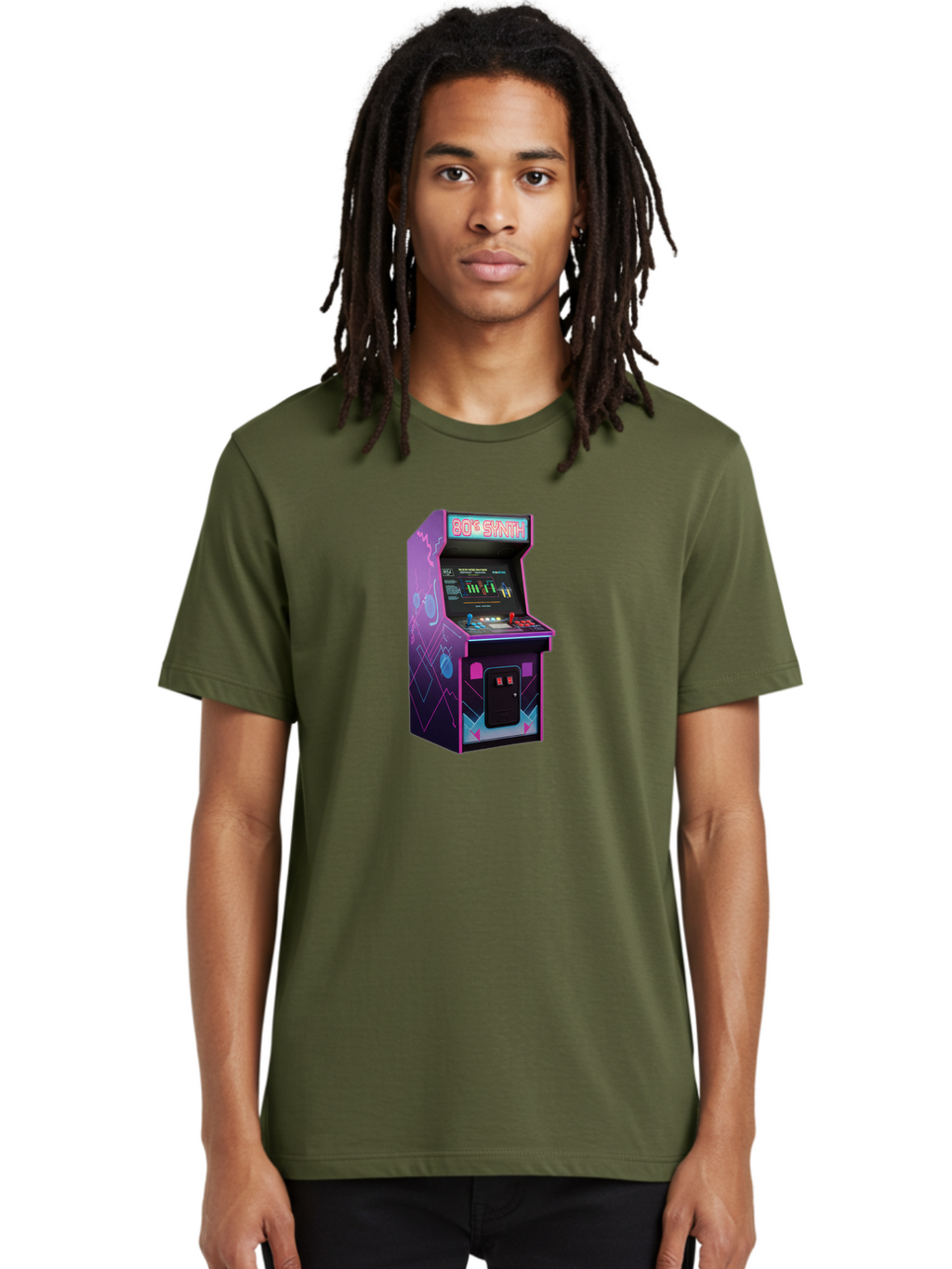 80-S-Synth-Arcade-Machine Men'S Graphic Tee, 100% Cotton, Comfortable Casual Summer Wear, Machine Washable, Retro Arcade Machine, Vintage Gaming, 80S Synth Music, Classic Video Games, Neon Lights, Pixel Art, Nostalgic Atmosphere, Baa115