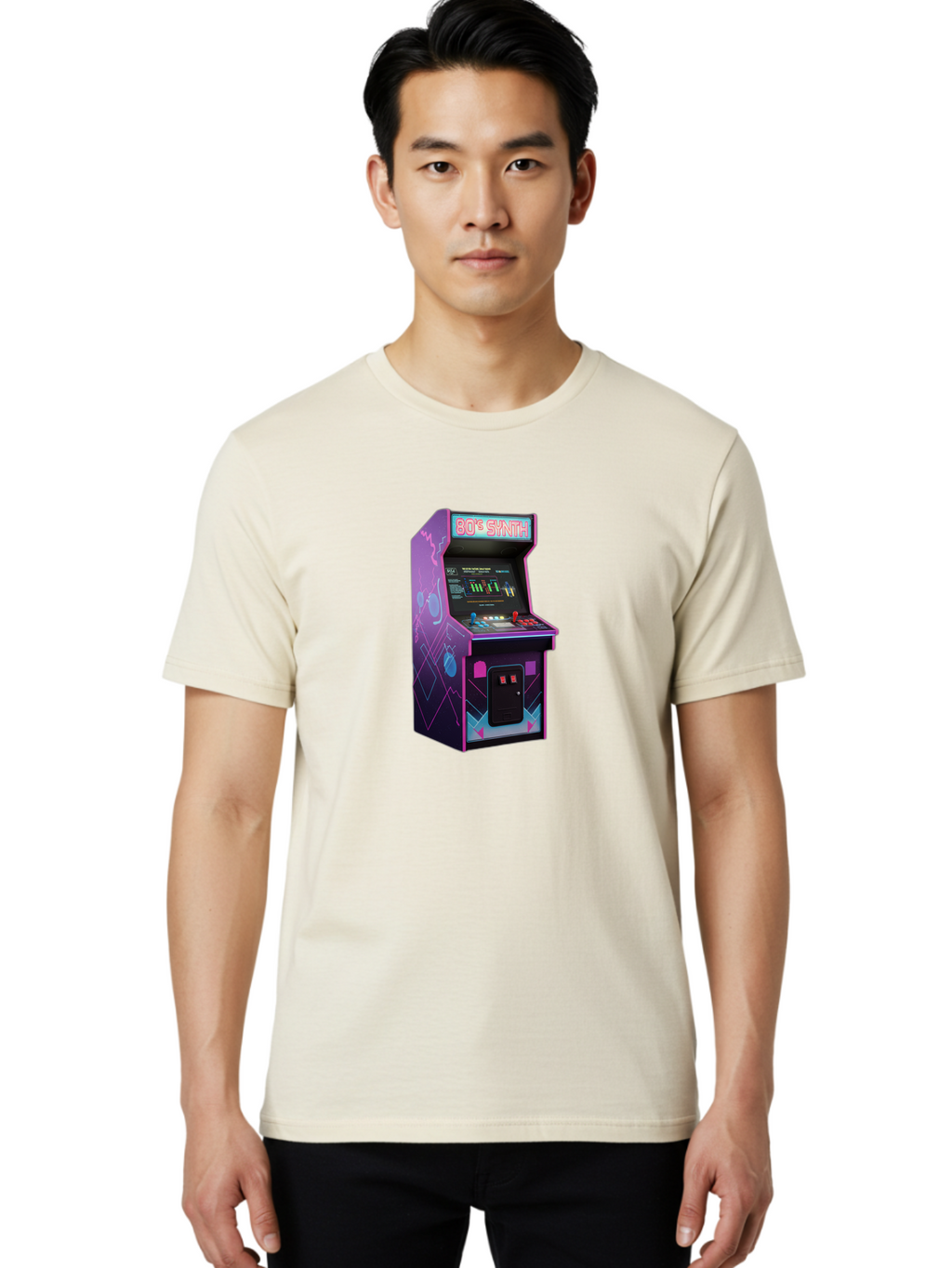 80-S-Synth-Arcade-Machine Men'S Graphic Tee, 100% Cotton, Comfortable Casual Summer Wear, Machine Washable, Retro Arcade Machine, Vintage Gaming, 80S Synth Music, Classic Video Games, Neon Lights, Pixel Art, Nostalgic Atmosphere, Baa115